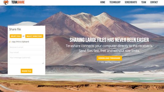 Terashare site screenshot says 'sharing large files has never been easier'