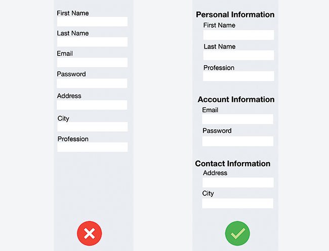 Screenshot compares two forms - one with fields in an odd order, one with headings explaining field groupings, ordered logically