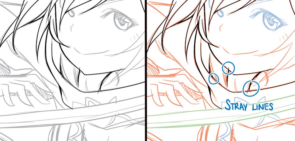 manga character art with stray lines highlighted