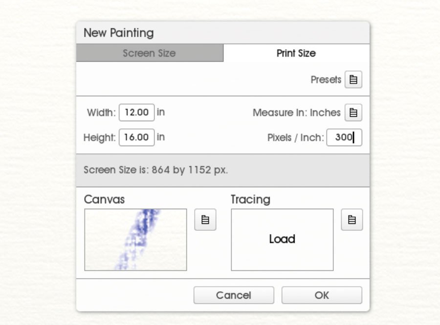 ArtRage: decide on the size of your canvas