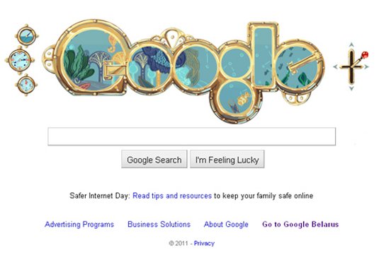 Google logo redrawn as a window onto an ocean world