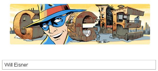 Comic book version of the Google logo, with a masked man taking the place of the 'O'