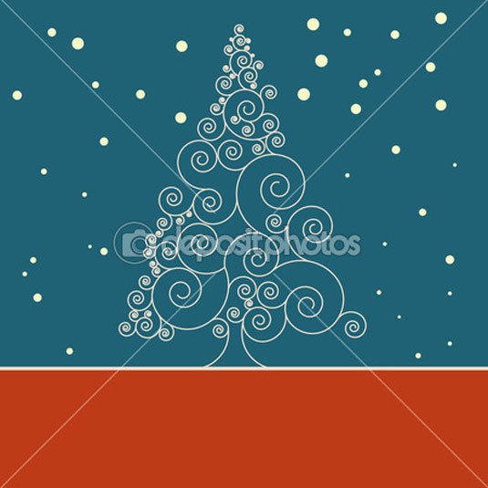 Christmas card template: Line drawn swirls form a Christmas tree shape, with snow falling, on a blue wall and red floor