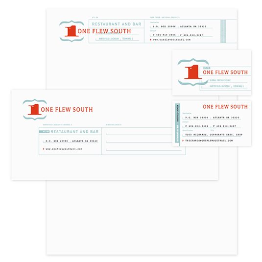 One Flew South's letterhead design features blue and red type and graphics, resembling an old-fashioned first-class airline ticket