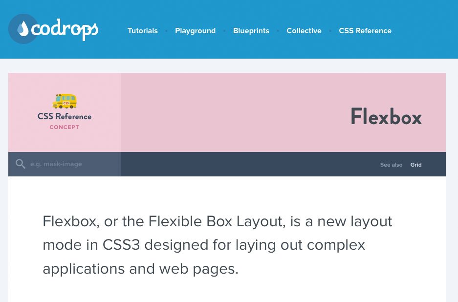 Codrops screenshot says 'Flexbox, or the Flexible Box Layout, is a new layout mode in CSS3 designed for laying out complex applications and web pages'