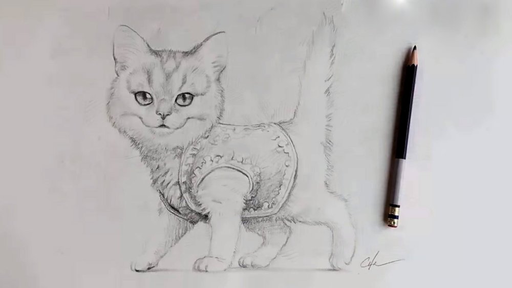 Finished pencil drawing of a cat