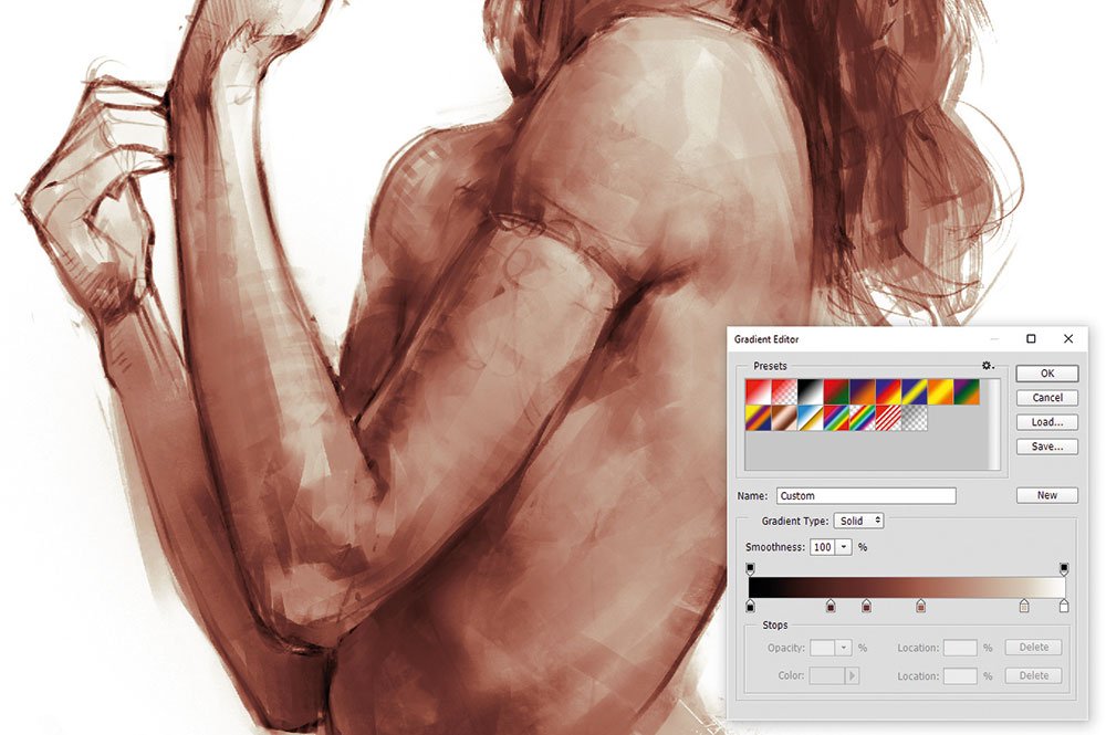 Woman's torso sketch with Gradient Editor dialog over it showing light brown hues