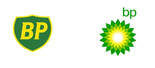 BP rebranded sunflower-style logo next to the old shield-style logo