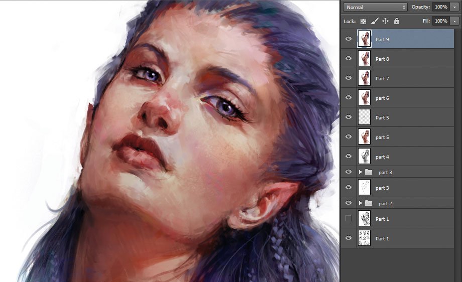 Close up of the face with Photoshop layers panel