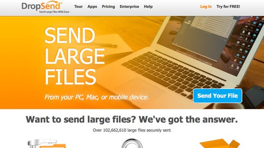 DropSend screenshot says 'Want to send large files? We've got the answer'