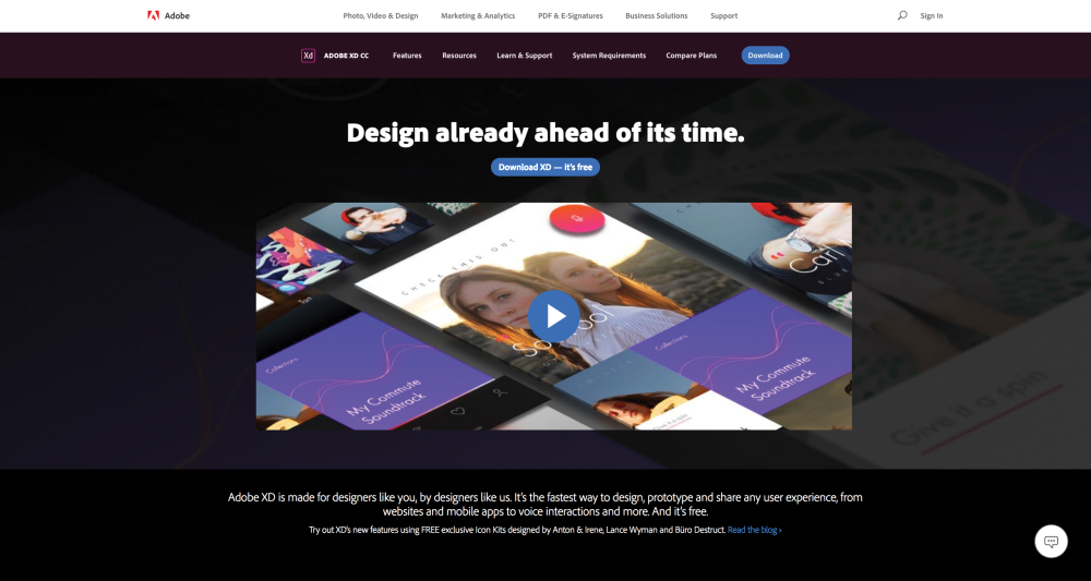 Adobe XD landing page