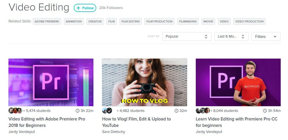 Screengrab showing details of three video editing tutorials