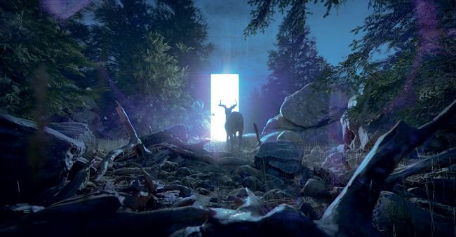 A stag stands in a dark forest, illuminated behind from a bright doorway