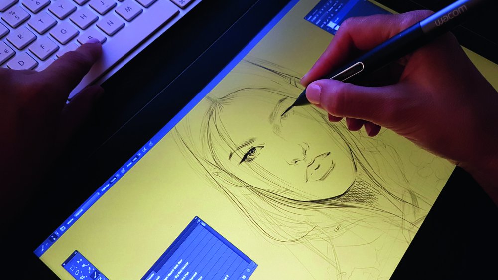 Drawing the woman on a graphics tablet