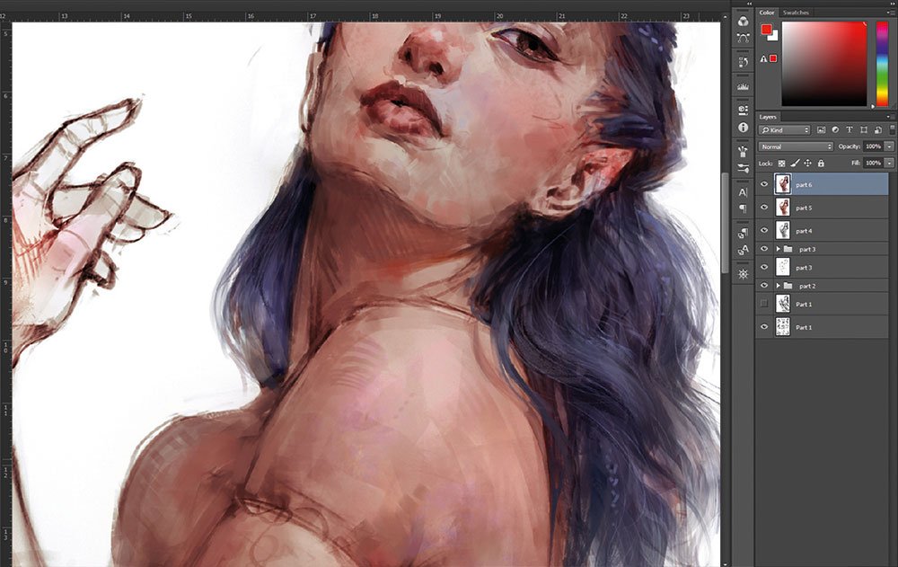 Screenshot shows painting in Photoshop with soft hair