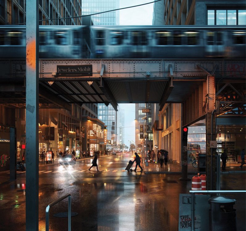 A rain slicked Chicago street