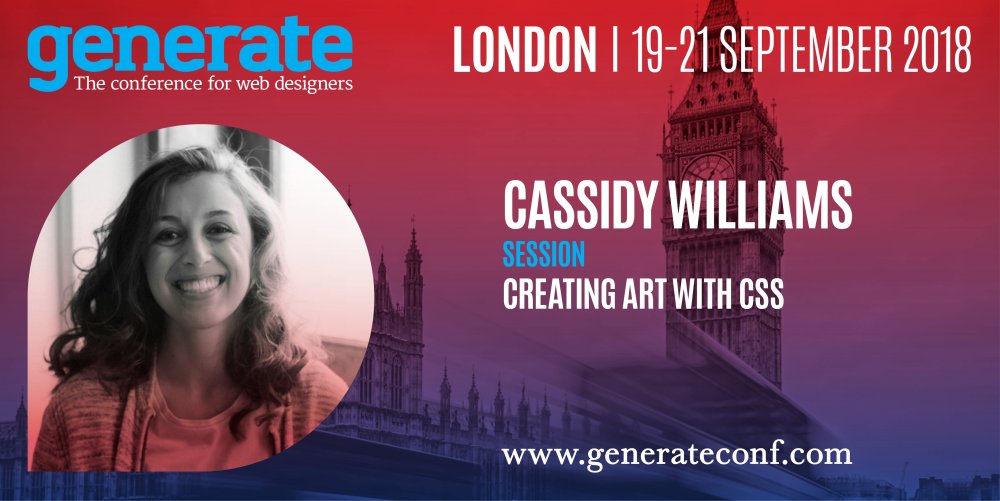 Cassidy Williams' talk 'Creating Art with CSS' will be appearing at Generate London 19 - 21 September 2018.