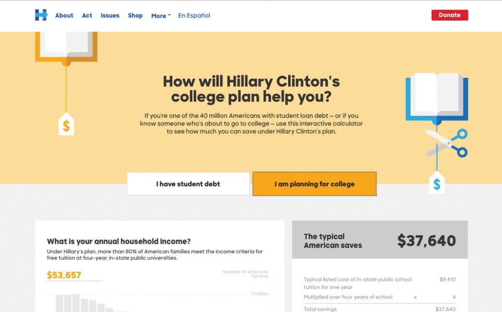 Hillary Clinton's college plan page