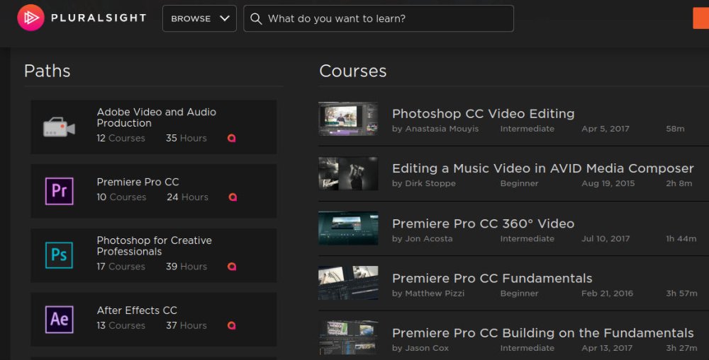 Screengrab showing descriptions of five Pluralsight courses