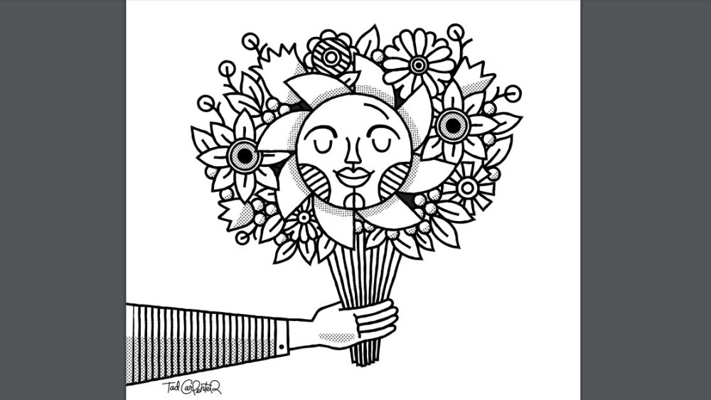 Illustration of a man holding flowers, with a smiling sun in the centre