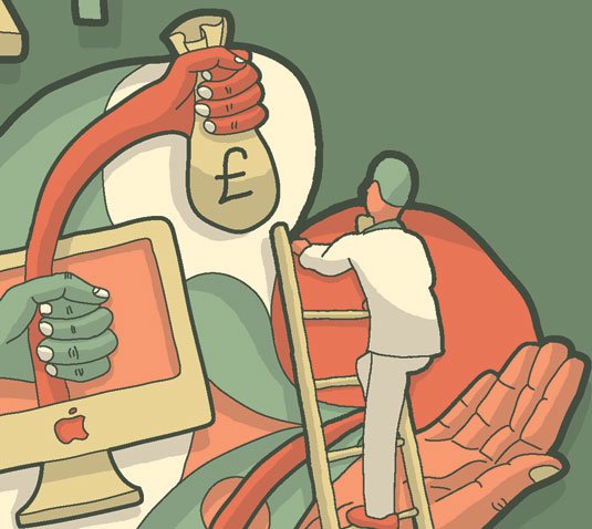 Illustration shows someone climbing a ladder to a bag of money