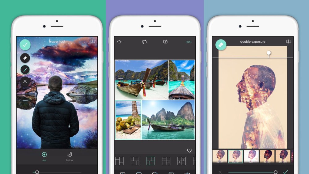 A trio of mobile screens displaying Pixlr
