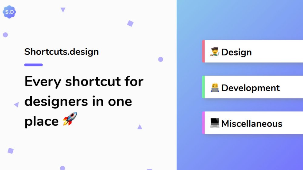 Shortcuts.design screenshot says 'Every shortcut for designers in one place'