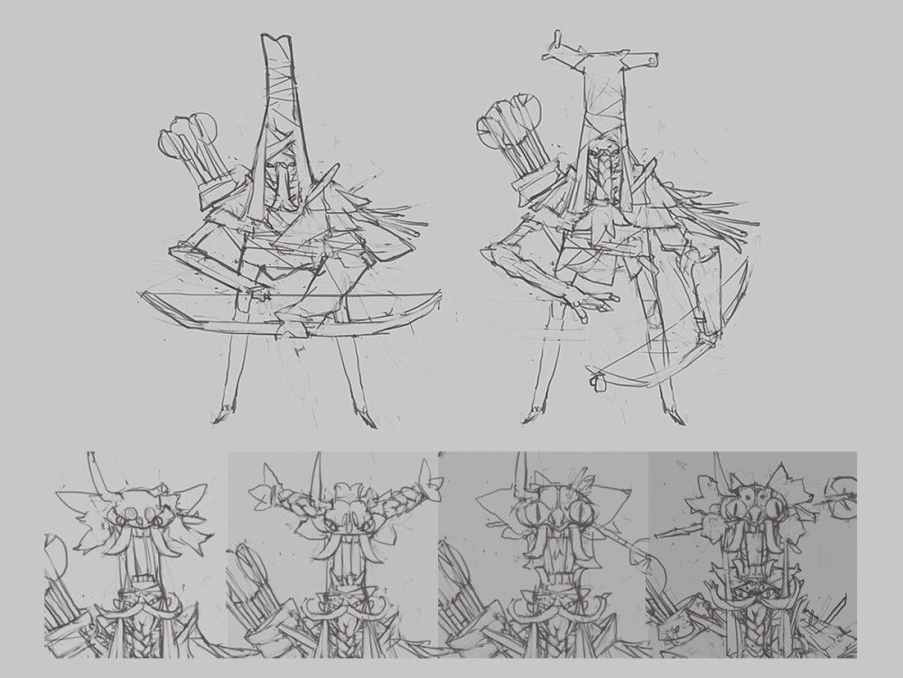 Six sketches develop the archer idea