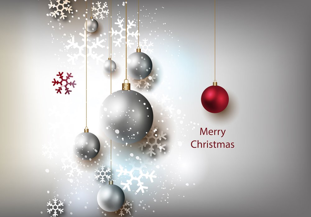 Christmas card template: Silver and red baubles with snowflakes and snow on a grey background