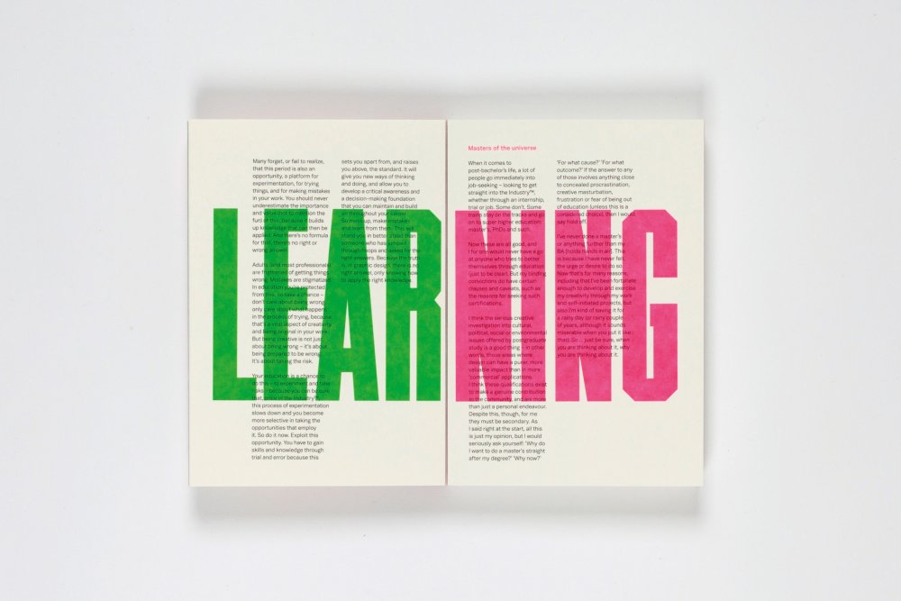 Spread from Craig Oldham's book printed with the word 'Learning'