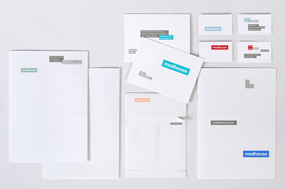 Minimal letterheads and branded stationery for Modhouse