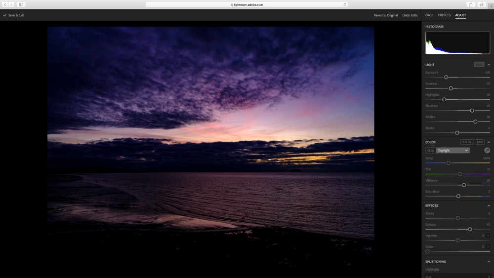 Sunset image being edited in Lightroom