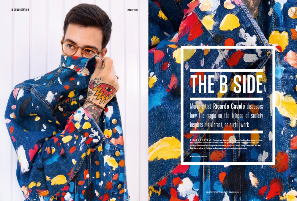 Magazine pages show man in shirt covered in multicoloured paint splatters