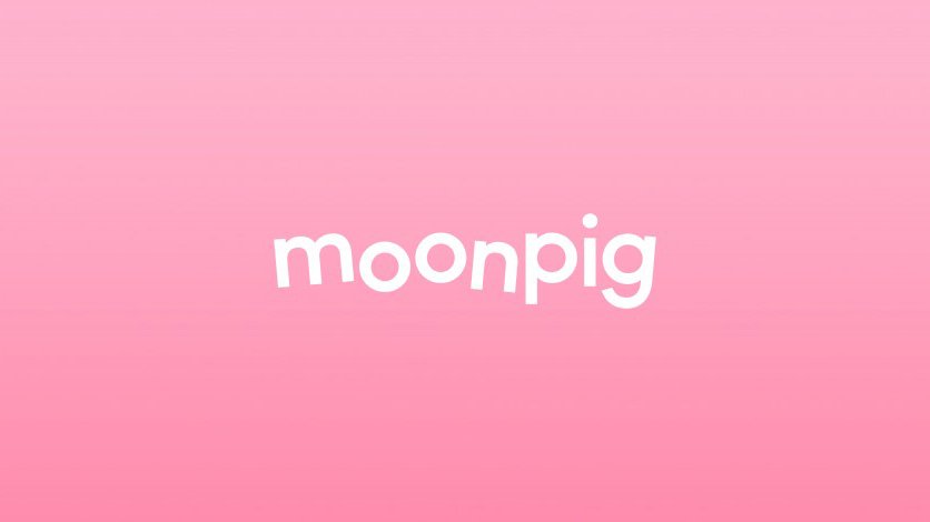 Pink background with the word 'Moonpig' in a white sans serif font