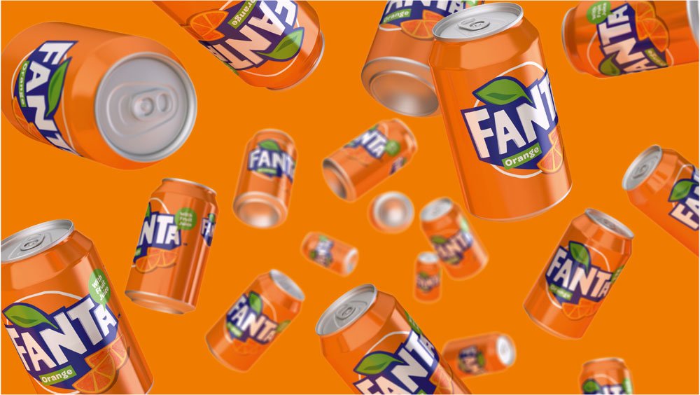 Tumbling cans of Fanta