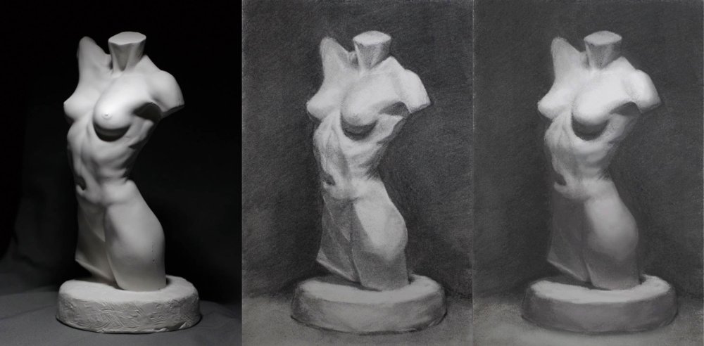 Three studies of a female torso
