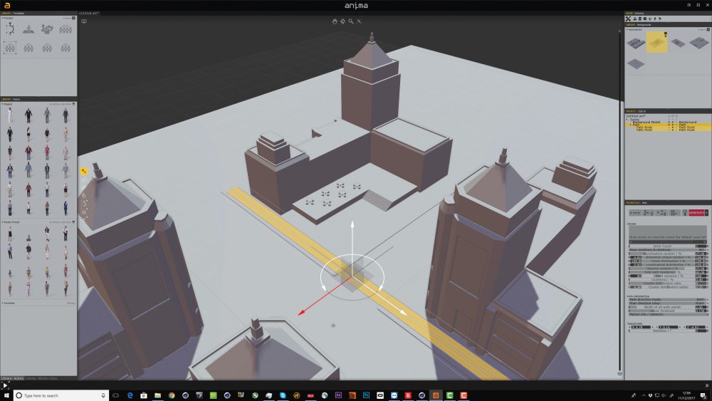 Urban scene being modelled in Anima, with a yellow path placed in between the buildings