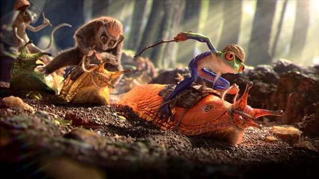 3D mouse and tree frog characters race on snails like jockeys on horses