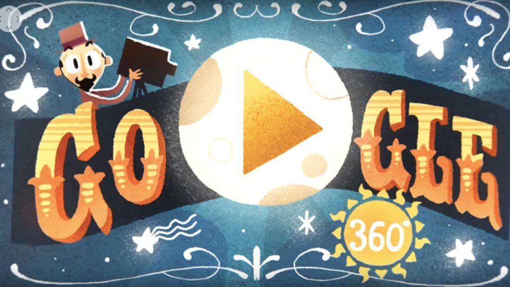Cartoon of moustachioed man with an old style film camera, atop a vintage-styled Google logo
