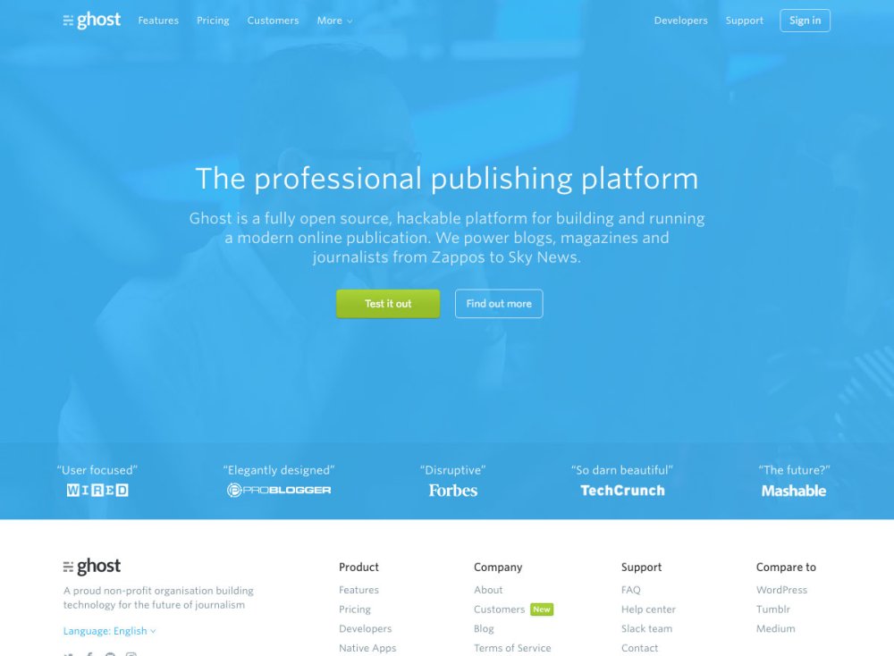 Ghost website screenshot says 'The professional publishing platform'