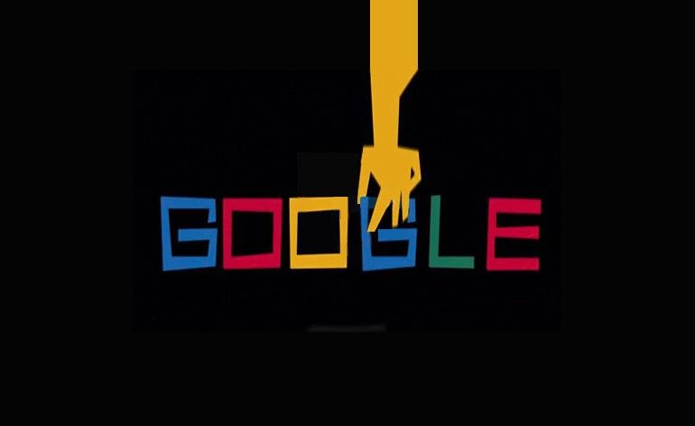 Google logo in primary colours with cartoon hand dropping down to grab the second G