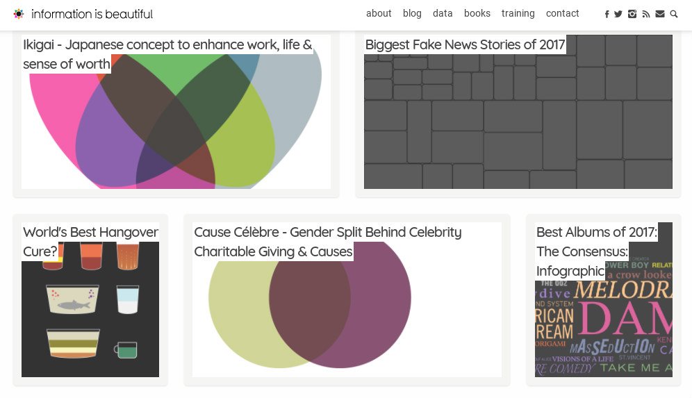 Screengrab shows the Information is beautiful homepage with different articles on infographics