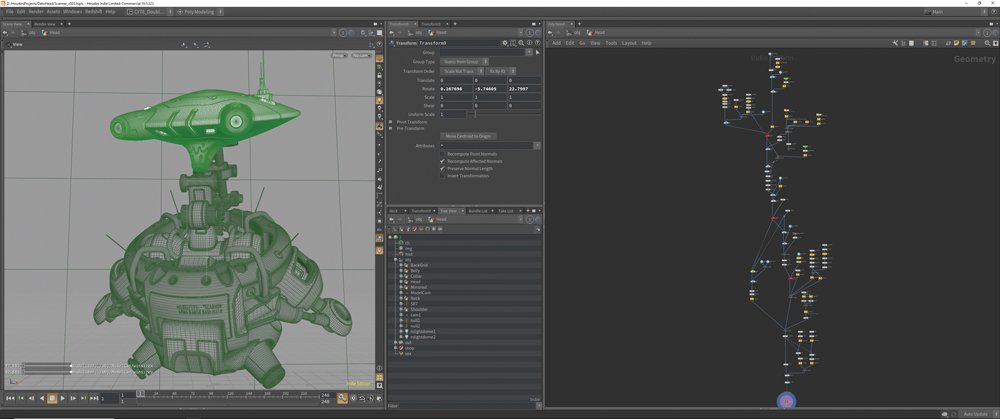 Houdini interface showing 3D model and texture nodes