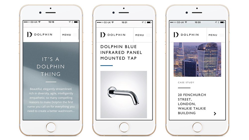 Three iPhones show Dolphin bathrooms' website