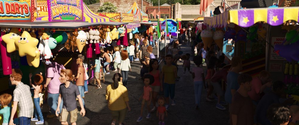 CGI scene of people enjoying a carnival in the daytime