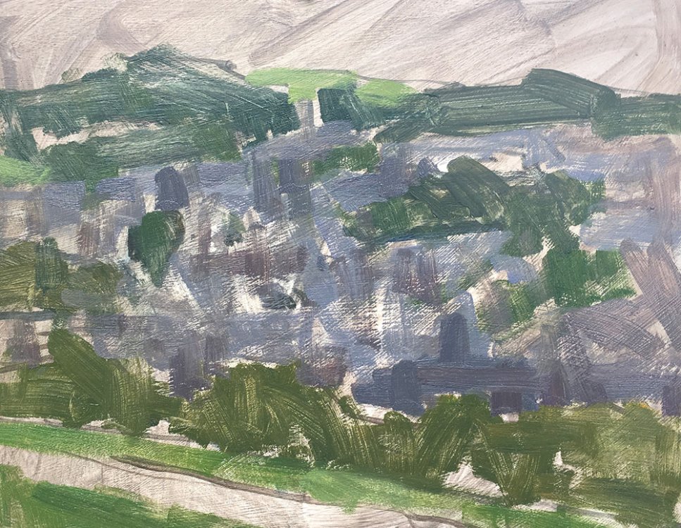 Grey brushstrokes suggest buildings