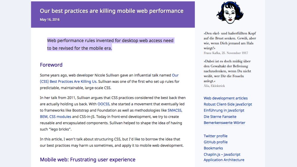 Screenshot of article reading 'Web performance rules invented for desktop web access need to be revised for the mobile era.'