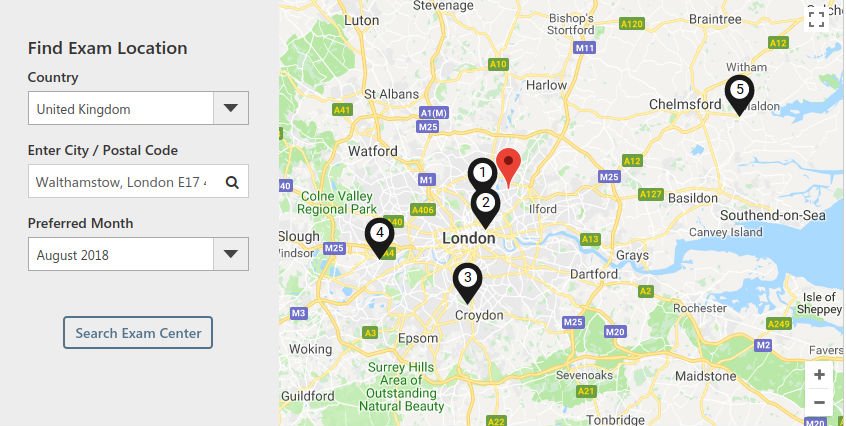 Map of test centres near London