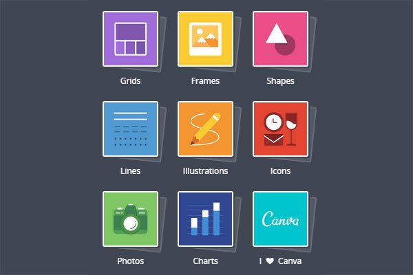 Image shows nine icons, covering: grids, frames, shapes, lines, illustrations, icons, photos, charts and 'I love Canva'