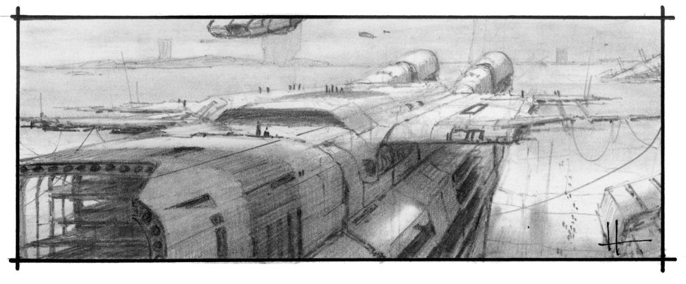 Pencil sketch of a spaceship in a dock